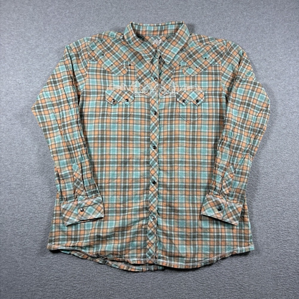 Rock 47 Wrangler Womens XL Plaid Western Shirt Embroidery Studded Button Down